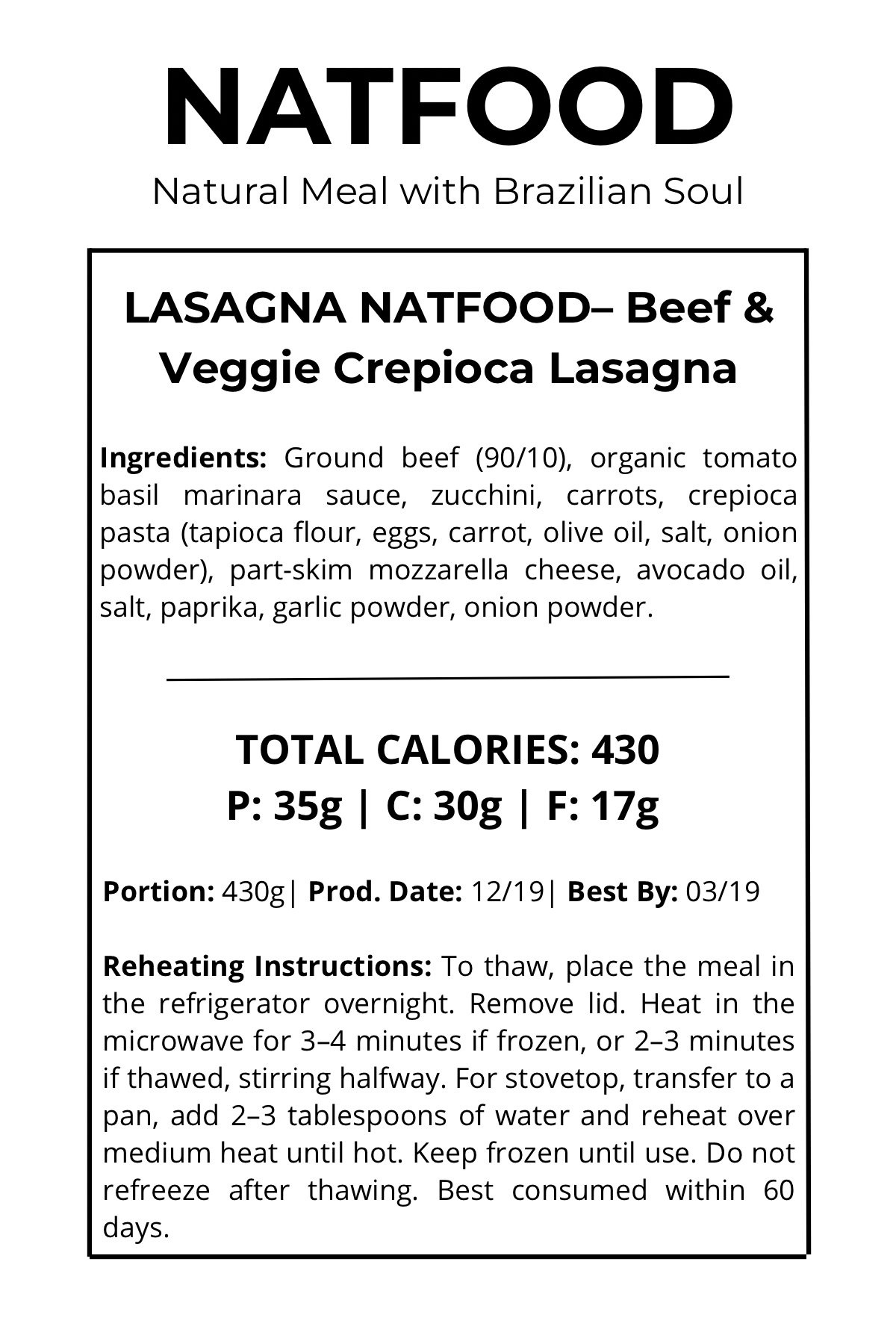 LASAGNA NATFOOD – Beef & Veggie Crepioca Lasagna
