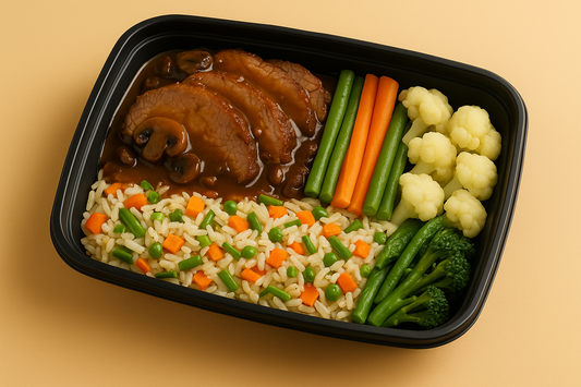 Roast Beef with Madeira Sauce, Vegetable Rice & Mixed Vegetables