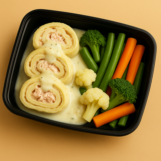 Chicken Rondelli in White Sauce with Mixed Vegetables
