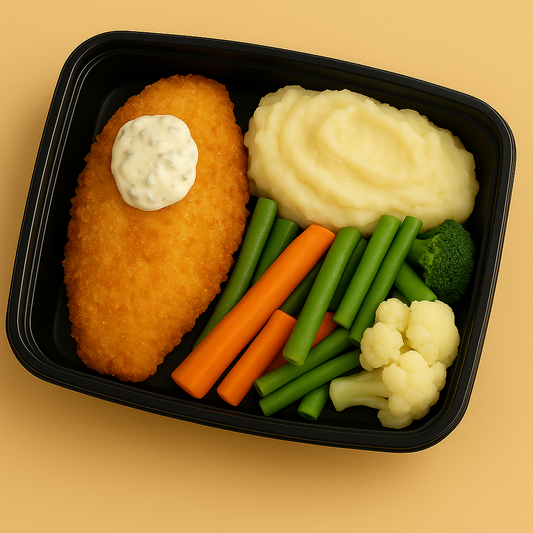 Tilapia Milanese with Tartar Sauce, Mashed Potatoes & Mixed Vegetables